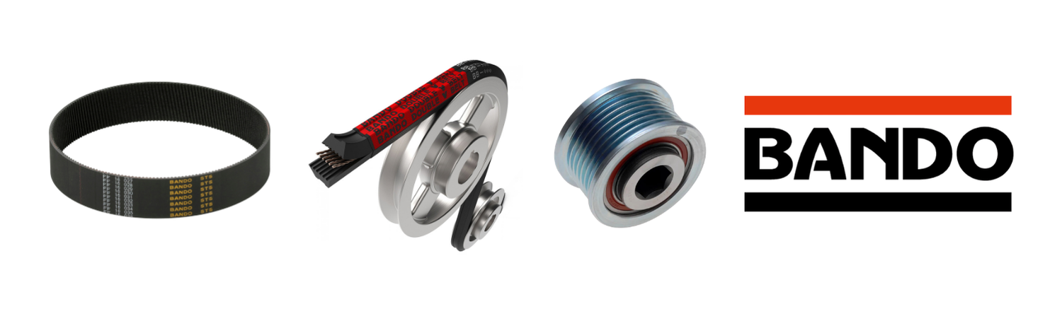 Bando synchronous timing belt, a red Bando V-belt running on two pulleys, a ribbed alternator pulley, and the BANDO logo between orange and black bars